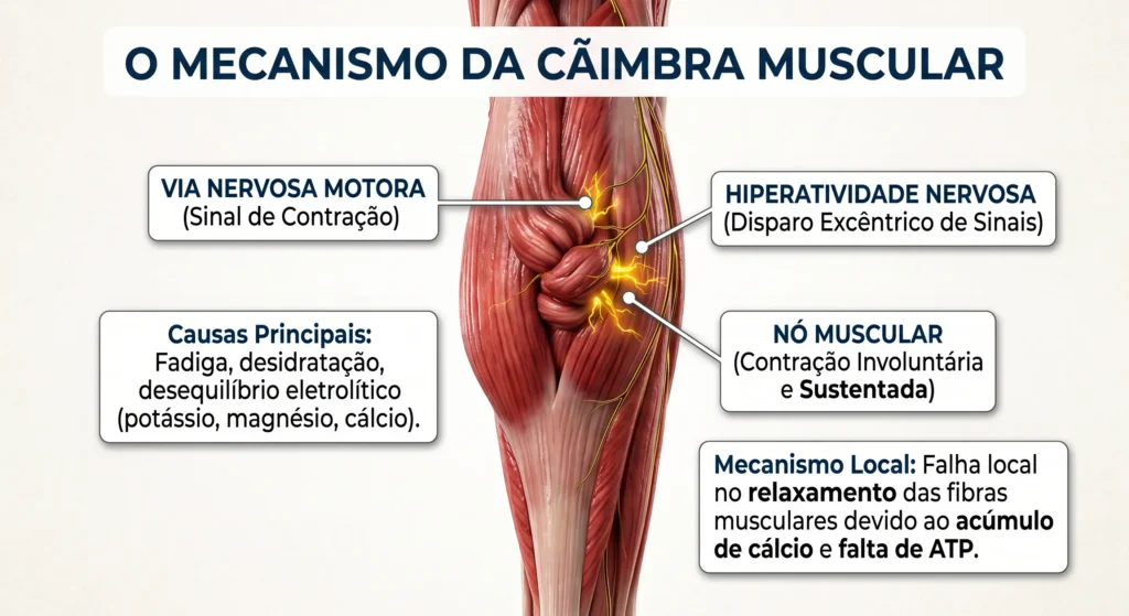 Ilustração anatômica explicando as causas de cãibras musculares e a falha no impulso nervoso