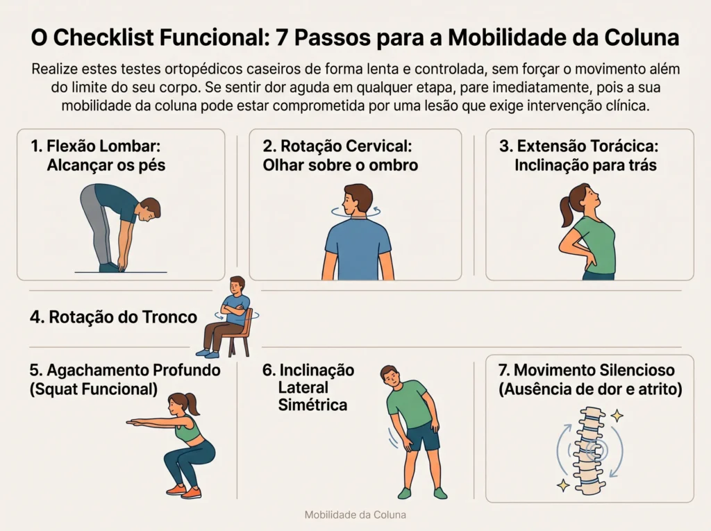 Infográfico com o título 'O Checklist Funcional: 7 Passos para a Mobilidade da Coluna' sobre fundo claro. No topo, há um parágrafo instruindo a realizar testes lentos e parar em caso de dor. Abaixo, sete quadros numerados e divididos com bordas finas mostram ilustrações simples de uma pessoa em diferentes posições: 1. Flexão Lombar (pessoa em pé, dobrando o tronco para a frente com pernas estendidas e mãos em direção aos pés); 2. Rotação Cervical (pessoa sentada, de costas, girando a cabeça); 3. Extensão Torácica (mulher em pé, com mãos nas costas inclinando o tronco para trás); 4. Rotação do Tronco (pessoa sentada em cadeira girando o tronco com braços cruzados); 5. Agachamento Profundo (mulher agachada com pés no chão); 6. Inclinação Lateral Simétrica (homem em pé, inclinando o tronco de lado); e 7. Movimento Silencioso (desenho esquemático de uma coluna vertebral com articulações destacadas por estrelas e círculos pontilhados). No rodapé, o texto centralizado diz 'Mobilidade da Coluna'.