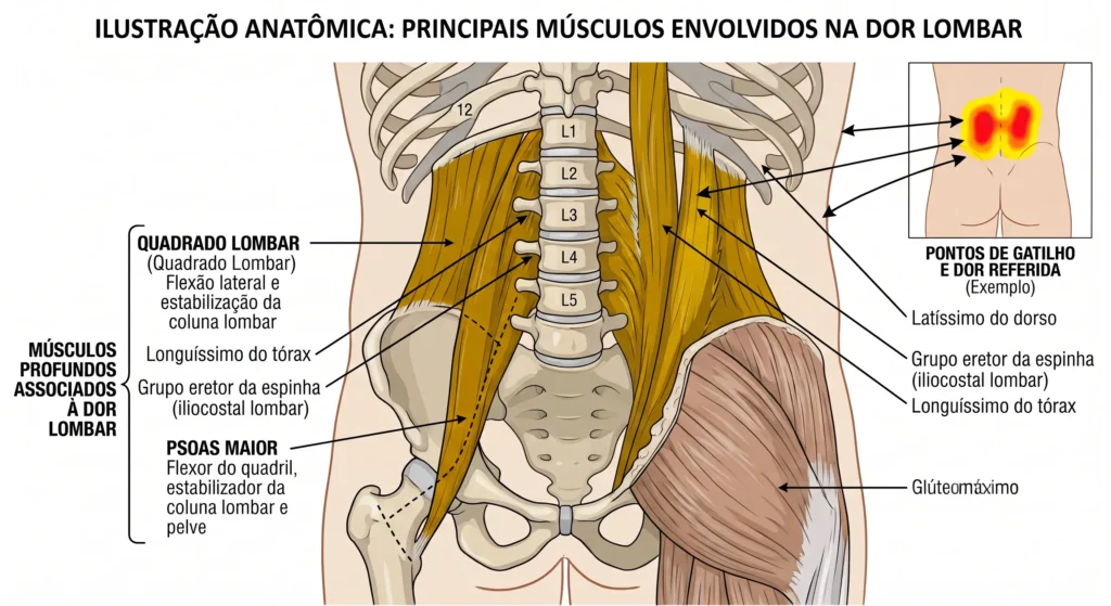 Ilustração anatômica mostrando os músculos envolvidos na dor lombar como o psoas e quadrado lombar