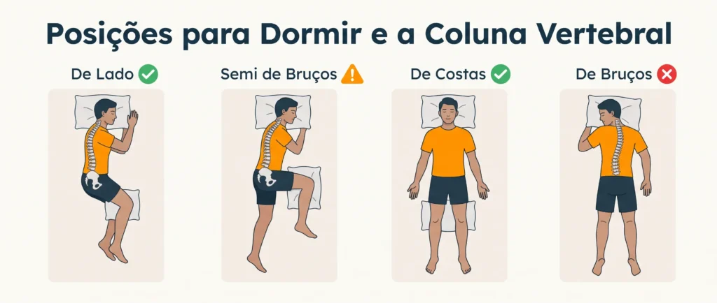 qual a melhor posição para dormir para a coluna vertebral. Infográfico panorâmico mostrando as 4 posições para dormir lado a lado com anatomia vertebral e rotação pélvica corretas.