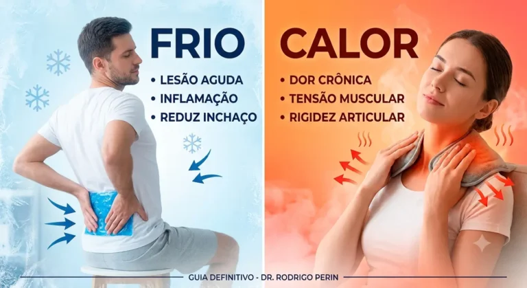Comparativo entre uso de frio e calor para tratar lesões. Do lado esquerdo, a indicação de frio (gelo) para lesões agudas, pancadas e inchaços nas primeiras 48 horas, com imagem de homem aplicando bolsa de gelo no tornozelo. Do lado direito, a indicação de calor para dores crônicas, tensões e rigidez muscular, ilustrada por pessoa usando bolsa de água quente nas costas.