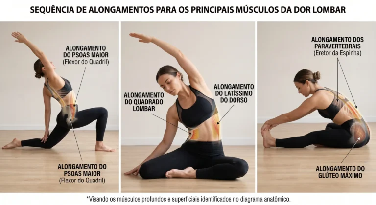 Sequência instrucional de três painéis de alongamentos para aliviar a dor lombar. Uma mulher demonstra poses com sobreposições anatômicas destacando músculos específicos. O primeiro painel mostra o alongamento do Psoas Maior (flexor do quadril); o segundo, do Quadrado Lombar e Latíssimo do Dorso; o terceiro, dos Paravertebrais e Glúteo Máximo. Inclui o título: 'Sequência de Alongamentos para os Principais Músculos da Dor Lombar