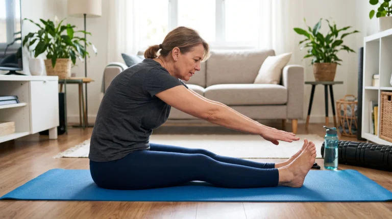 Mulher sentada em um tapete de yoga azul na sala de estar de casa, tentando inclinar o tronco para a frente e alcançar os pés com as mãos em um teste de mobilidade da coluna. Ela demonstra visível limitação de movimento e esforço, com os braços estendidos que não chegam a alcançar os pés, evidenciando a rigidez ou dificuldade em alongar.